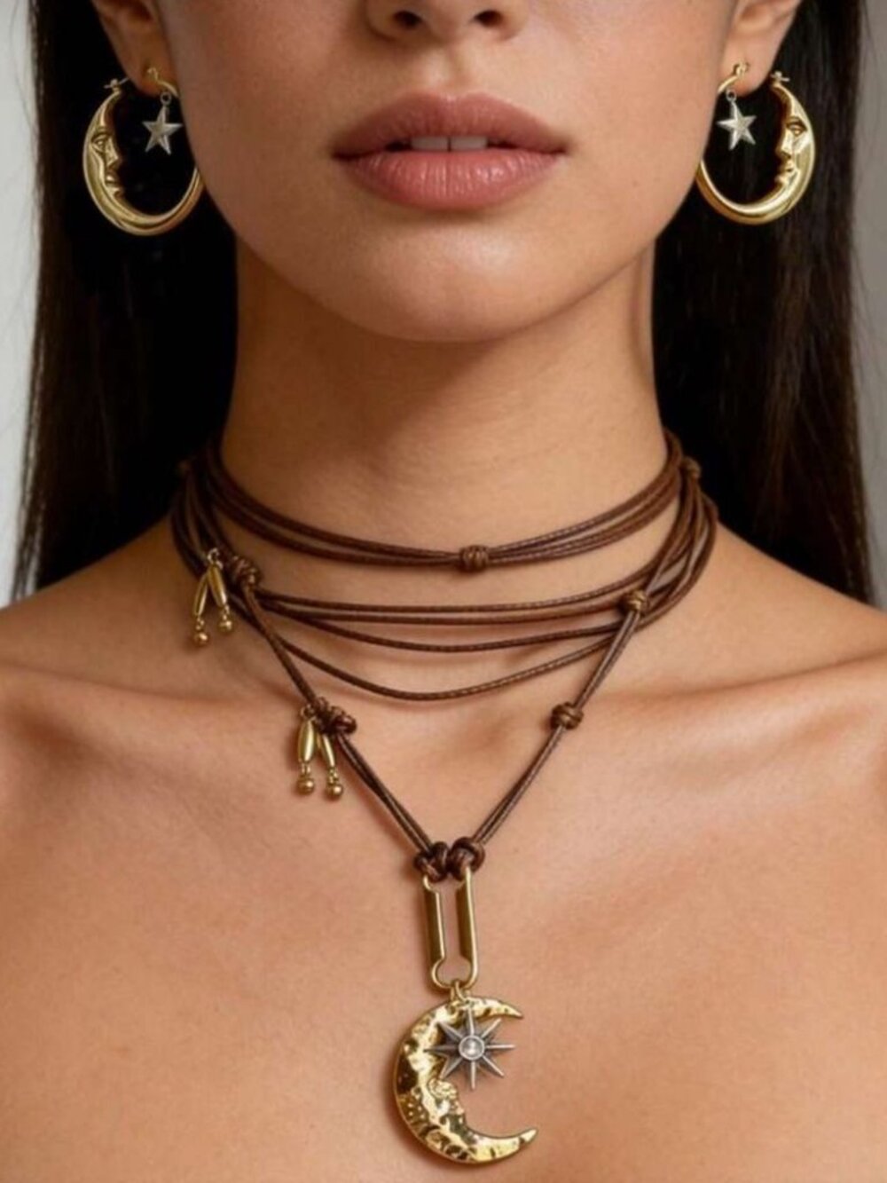 Brown strap moonNecklace N1157